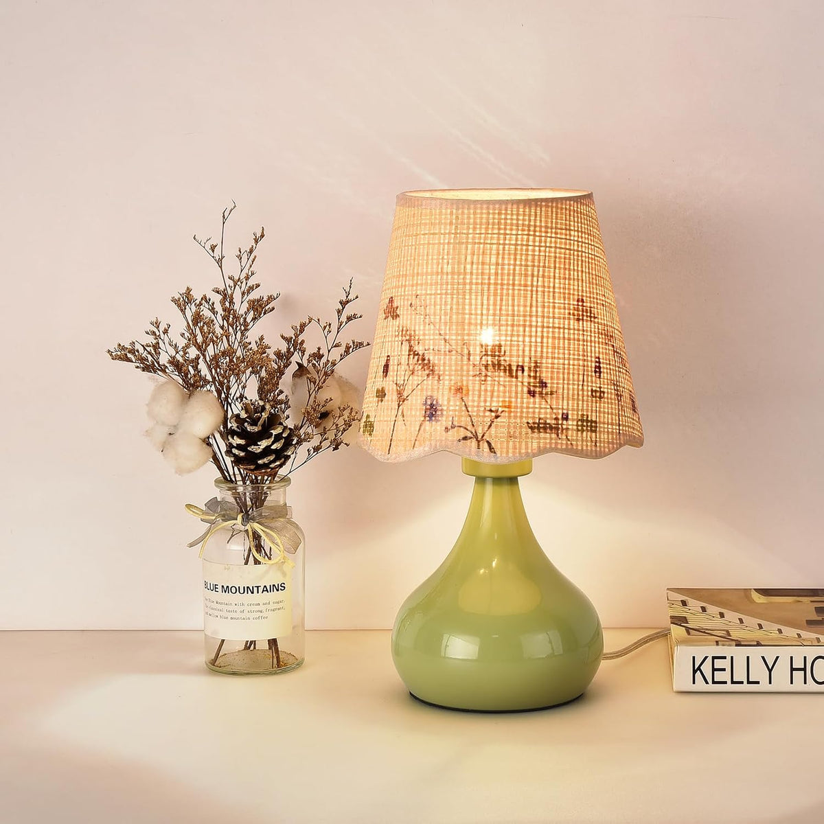 Green Small Touch Control Table Lamp for Bedroom,Green Bedside Lamps for Nightstand,Cute Mini Small Table Lamps for Small Spaces with Scalloped Shade for Kitchen Counter,Bookshelf,Living Room