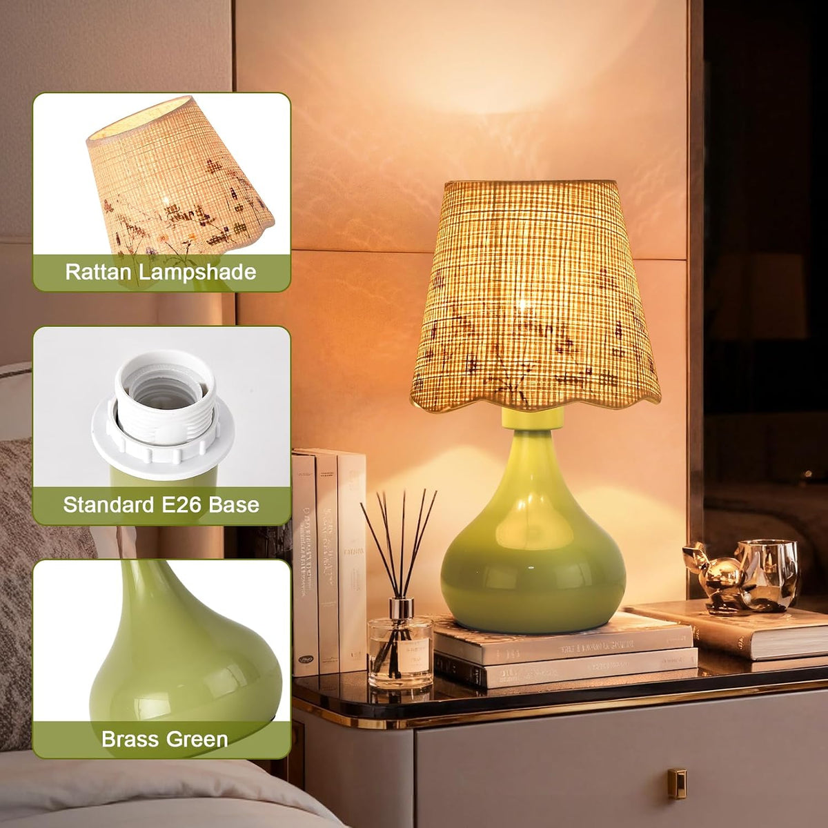Green Small Touch Control Table Lamp for Bedroom,Green Bedside Lamps for Nightstand,Cute Mini Small Table Lamps for Small Spaces with Scalloped Shade for Kitchen Counter,Bookshelf,Living Room