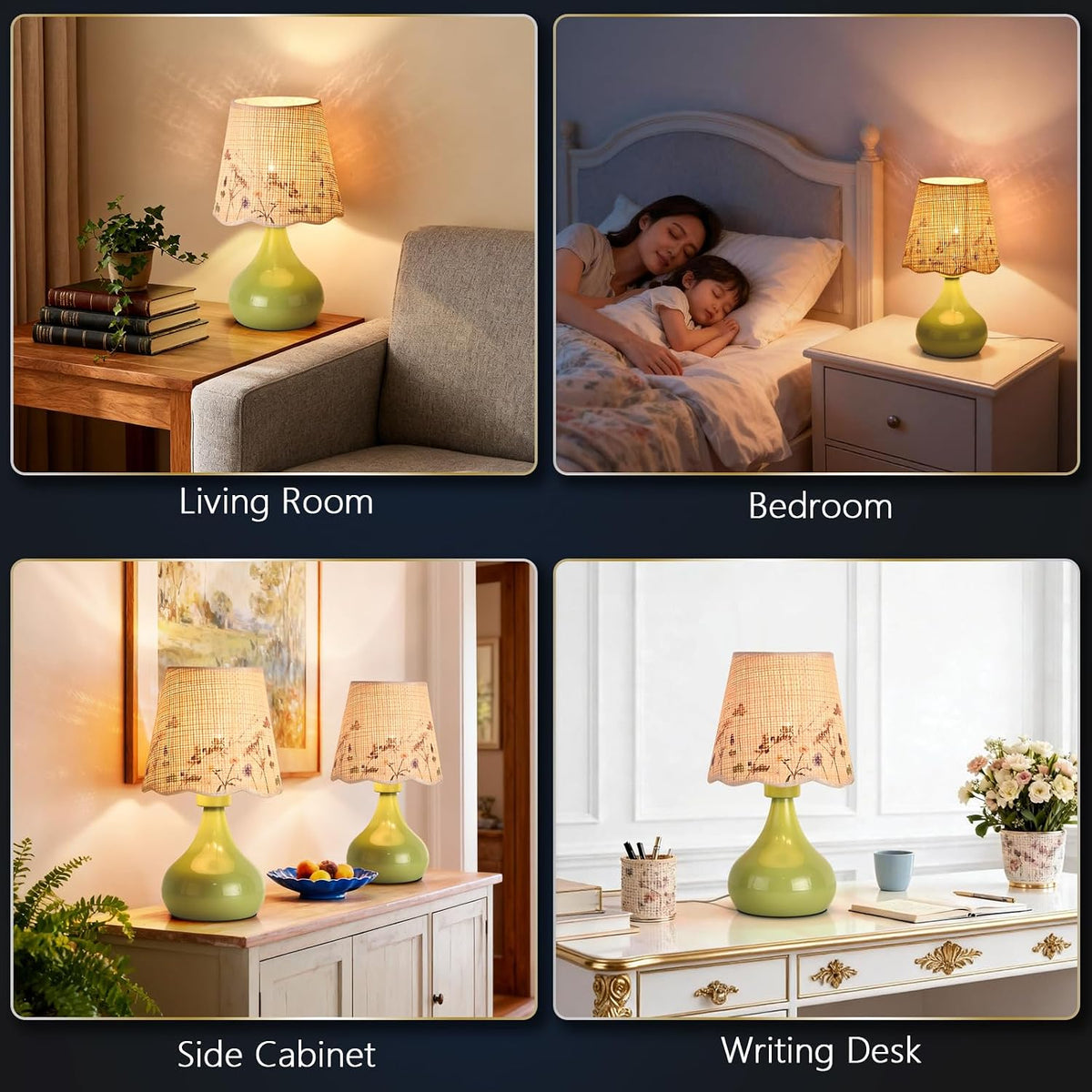 Green Small Touch Control Table Lamp for Bedroom,Green Bedside Lamps for Nightstand,Cute Mini Small Table Lamps for Small Spaces with Scalloped Shade for Kitchen Counter,Bookshelf,Living Room