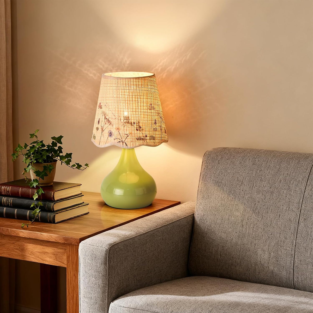 Green Small Touch Control Table Lamp for Bedroom,Green Bedside Lamps for Nightstand,Cute Mini Small Table Lamps for Small Spaces with Scalloped Shade for Kitchen Counter,Bookshelf,Living Room