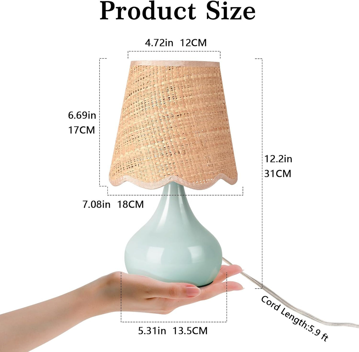 Green Small Touch Control Table Lamp for Bedroom,Green Bedside Lamps for Nightstand,Cute Mini Small Table Lamps for Small Spaces with Scalloped Shade for Kitchen Counter,Bookshelf,Living Room