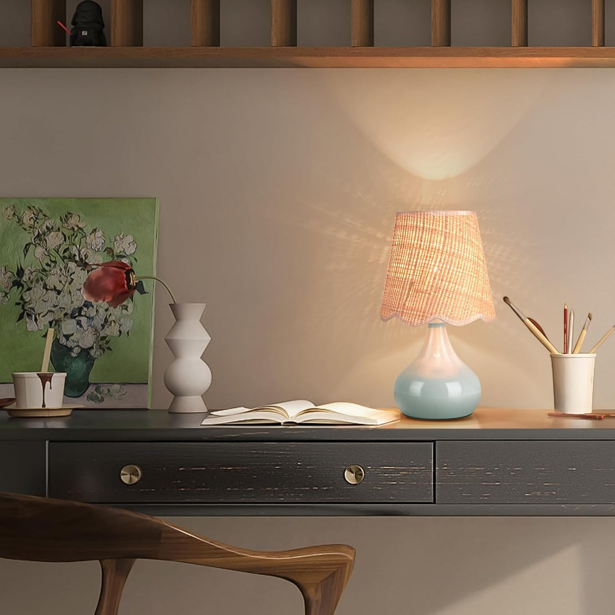Green Small Touch Control Table Lamp for Bedroom,Green Bedside Lamps for Nightstand,Cute Mini Small Table Lamps for Small Spaces with Scalloped Shade for Kitchen Counter,Bookshelf,Living Room