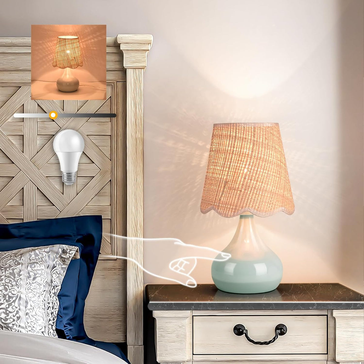Green Small Touch Control Table Lamp for Bedroom,Green Bedside Lamps for Nightstand,Cute Mini Small Table Lamps for Small Spaces with Scalloped Shade for Kitchen Counter,Bookshelf,Living Room