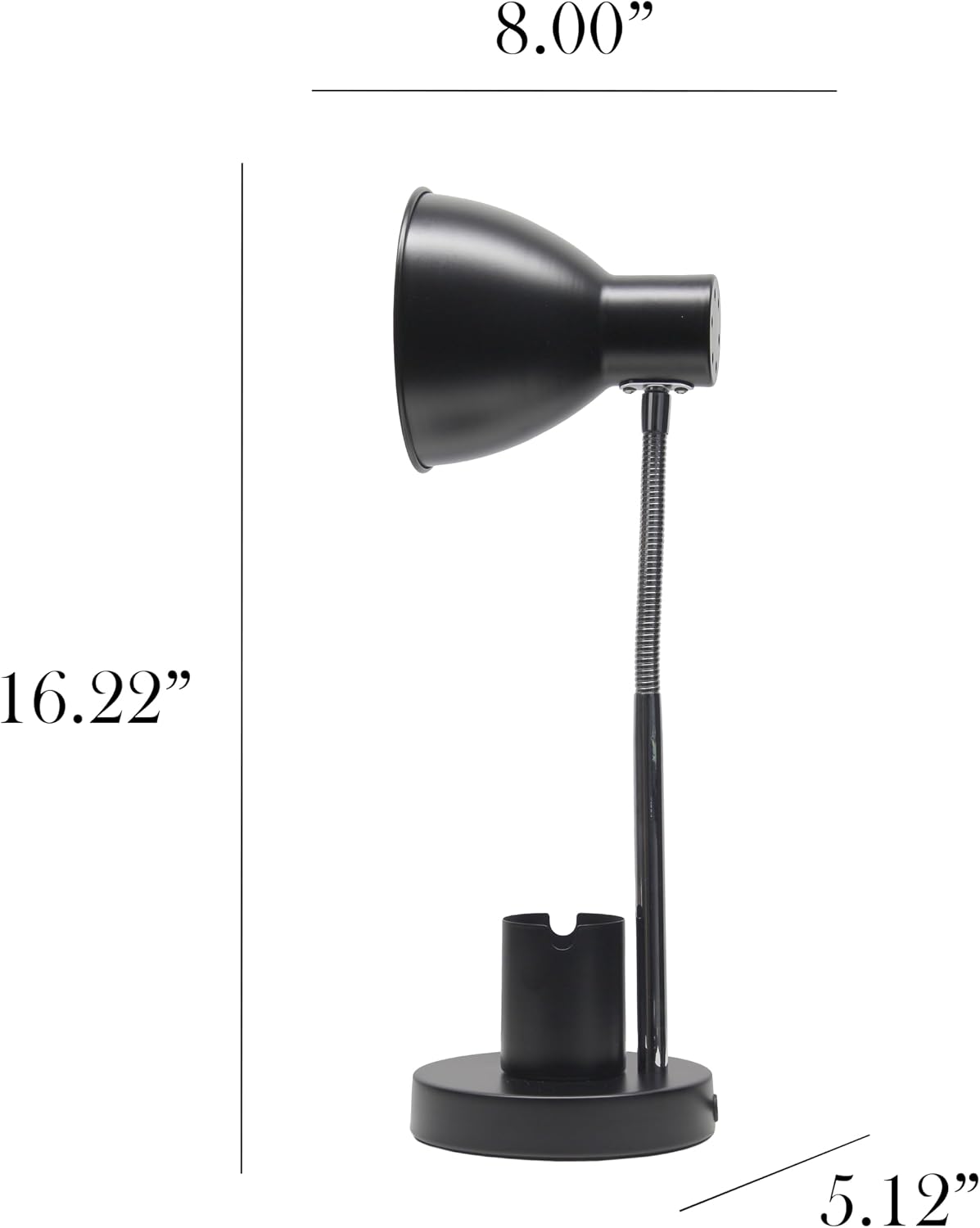 LD1076-BLK 16.22" Sleek Essentials Adjustable Metal Desk Task Lamp with Organizer Compartment, Modern Task Lighting for Office, Desk, Nightstand, Dorm, Black