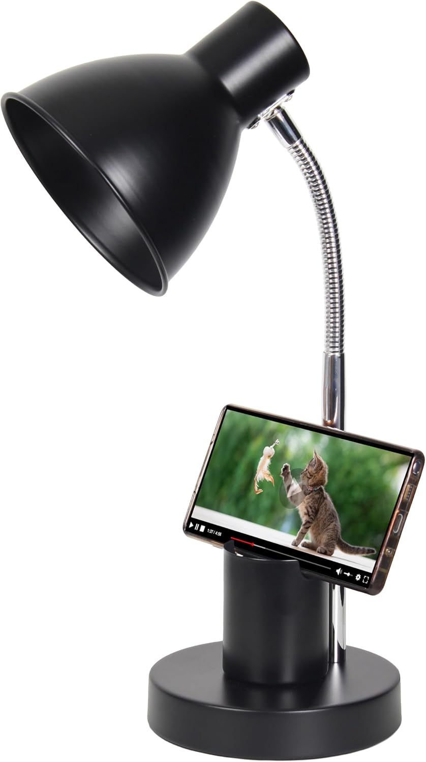 LD1076-BLK 16.22" Sleek Essentials Adjustable Metal Desk Task Lamp with Organizer Compartment, Modern Task Lighting for Office, Desk, Nightstand, Dorm, Black