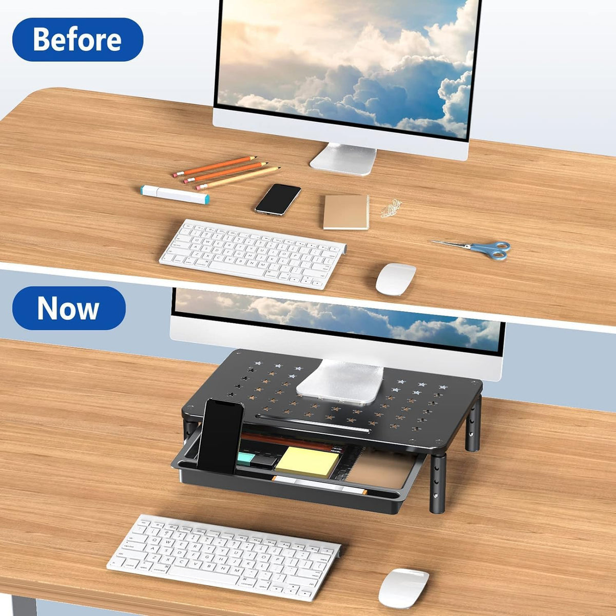 2 Pack Monitor Stand Riser with Drawer, 3 Height Adjustable