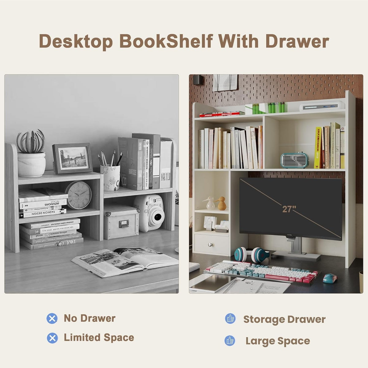 Desktop Bookshelf, 36.4" DormDesk Hutch with 5 Shelves