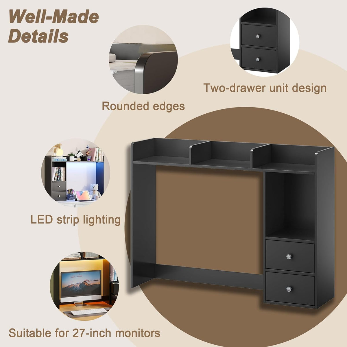 Desktop Bookshelf, 36.4" DormDesk Hutch with 5 Shelves
