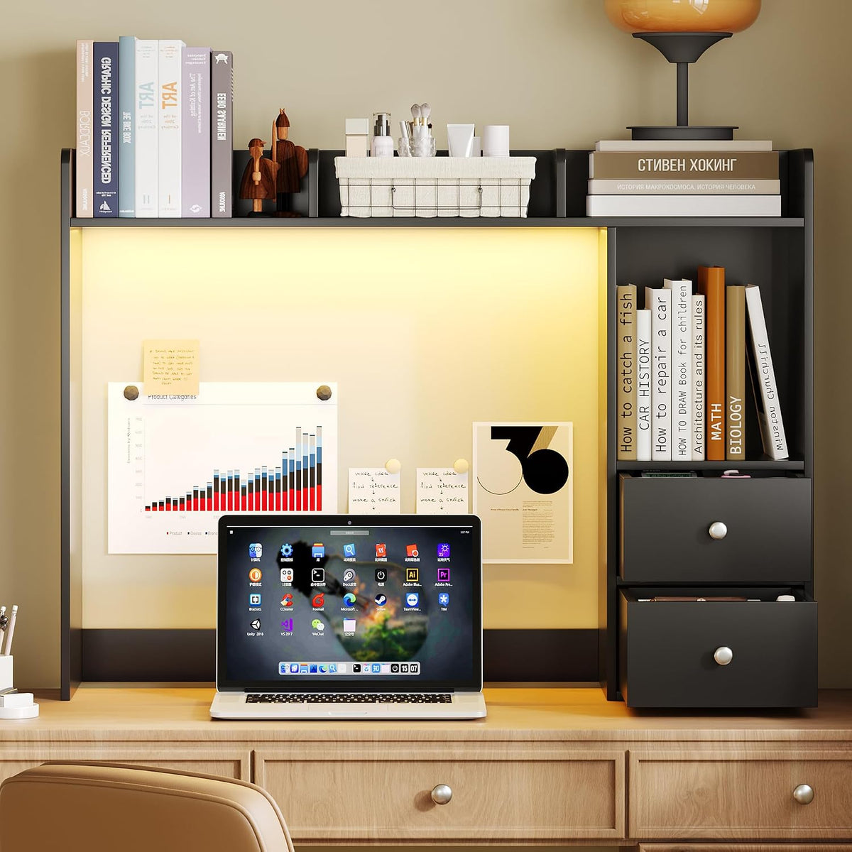 Desktop Bookshelf, 36.4" DormDesk Hutch with 5 Shelves