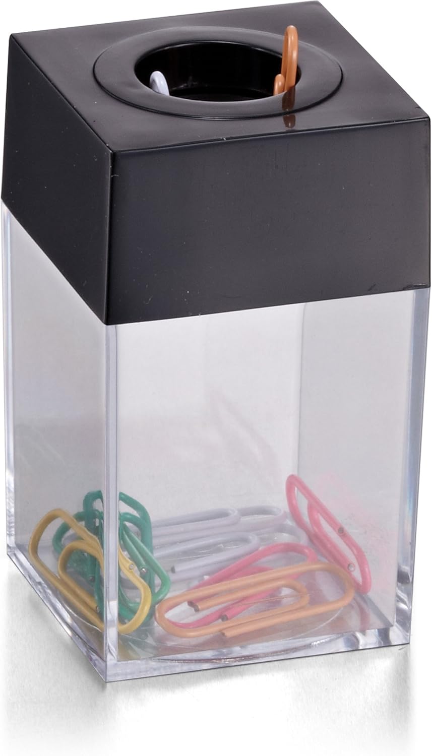 Magnetic Paper Clip Dispenser, Holds 100 Paper Clips (Not Included), Clear/Black Desk Organizer for Office Accessories, Supplies and Classroom Organization, Dispenser Only