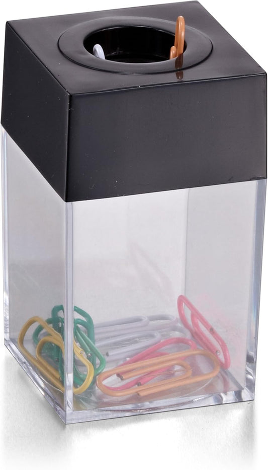 Magnetic Paper Clip Dispenser, Holds 100 Paper Clips (Not Included), Clear/Black Desk Organizer for Office Accessories, Supplies and Classroom Organization, Dispenser Only