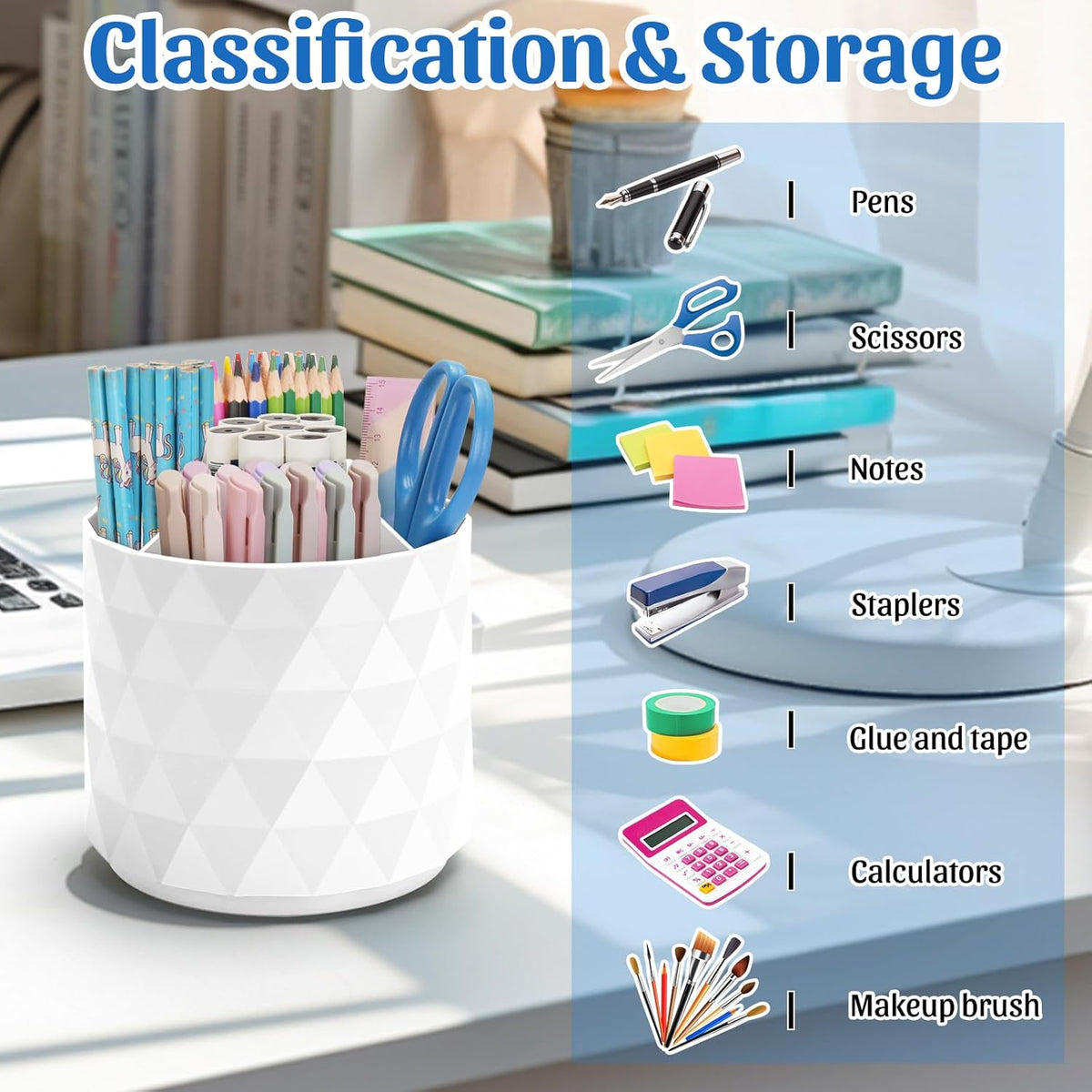 Desk Organizer,Sparkling Diamond-like Pen Holder for Desk 360°Rotating Office Accessories,Pencil Cup with 5 Compartments Storage Box Caddy for Office,School,Home,Art Supply(White)