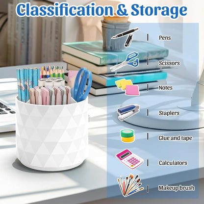 Desk Organizer,Sparkling Diamond-like Pen Holder for Desk 360°Rotating Office Accessories,Pencil Cup with 5 Compartments Storage Box Caddy for Office,School,Home,Art Supply(White)