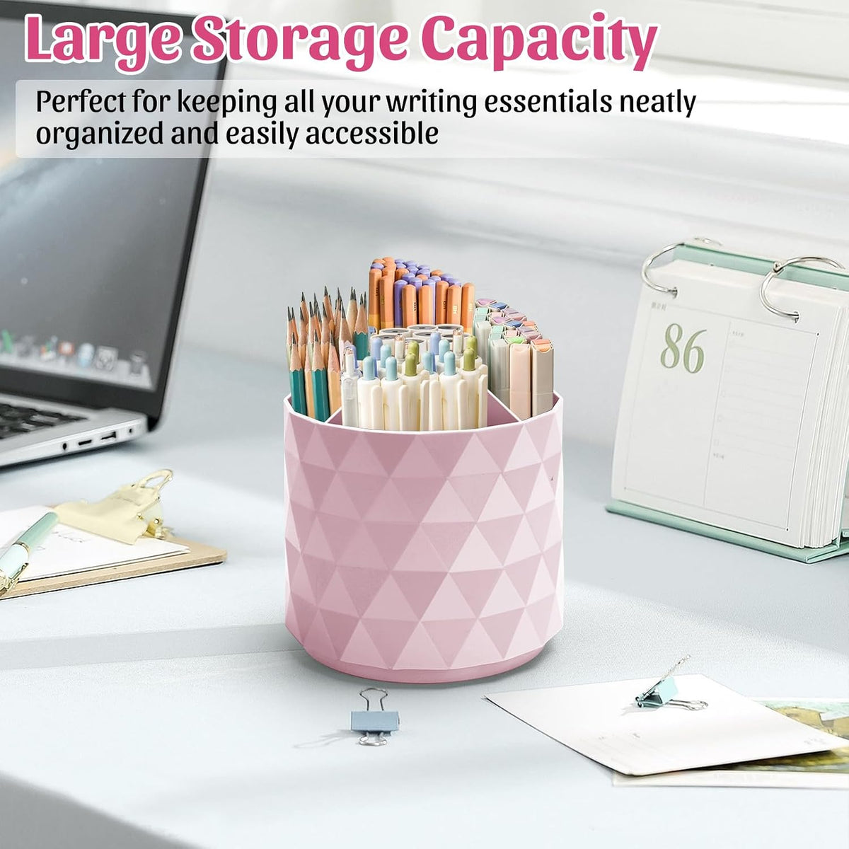 Desk Organizer,Sparkling Diamond-like Pen Holder for Desk 360°Rotating Office Accessories,Pencil Cup with 5 Compartments Storage Box Caddy for Office,School,Home,Art Supply(White)