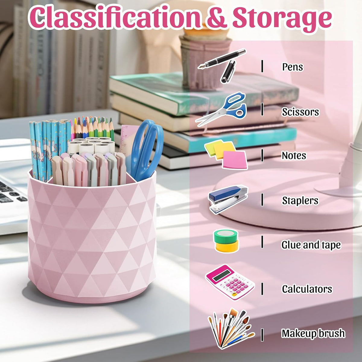 Desk Organizer,Sparkling Diamond-like Pen Holder for Desk 360°Rotating Office Accessories,Pencil Cup with 5 Compartments Storage Box Caddy for Office,School,Home,Art Supply(White)