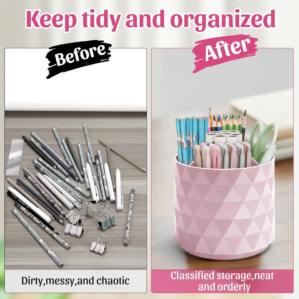 Desk Organizer,Sparkling Diamond-like Pen Holder for Desk 360°Rotating Office Accessories,Pencil Cup with 5 Compartments Storage Box Caddy for Office,School,Home,Art Supply(White)