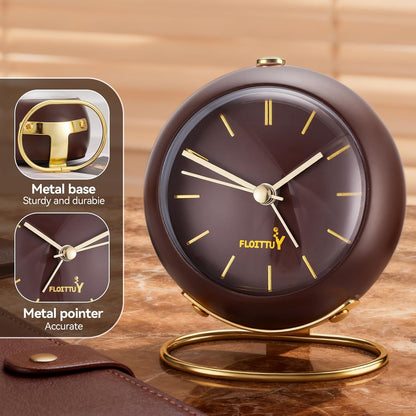 Silent Table Analog Alarm Clock No Ticking, Lighted on Demand and Battery Operated, Beep Sounds, Small Desk Clock(Cocoa Brown)