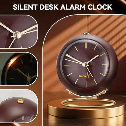 Silent Table Analog Alarm Clock No Ticking, Lighted on Demand and Battery Operated, Beep Sounds, Small Desk Clock(Cocoa Brown)