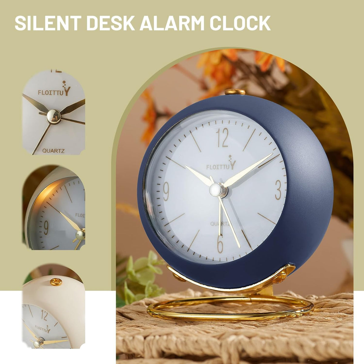 Silent Table Analog Alarm Clock No Ticking, Lighted on Demand and Battery Operated, Beep Sounds, Small Desk Clock(Cocoa Brown)