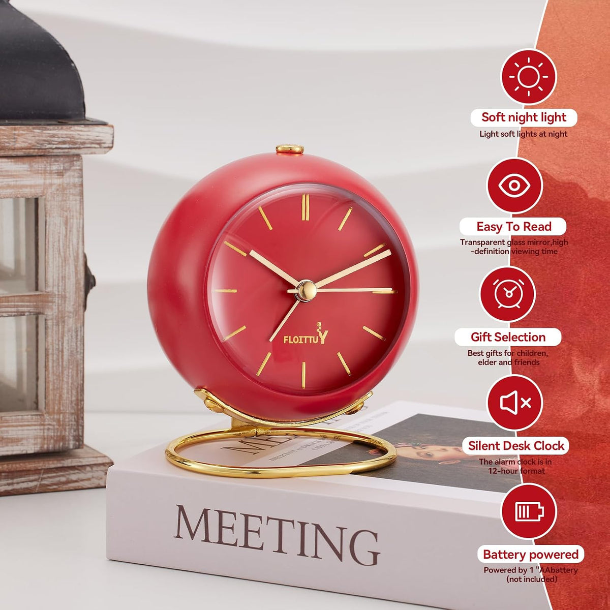 Silent Table Analog Alarm Clock No Ticking, Lighted on Demand and Battery Operated, Beep Sounds, Small Desk Clock(Cocoa Brown)