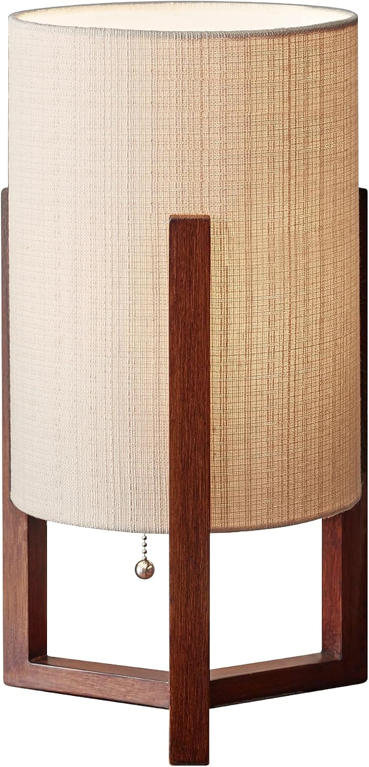 Table Lamp, Walnut Birch Wood & Natural Linen Shade, 23.75”