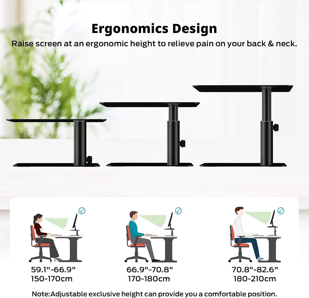 Monitor Stand, Adjustable Height Metal Desktop Riser, Black