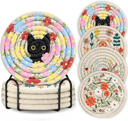 Drink Coasters Set of 4 - Cute Absorbent Cup Coasters for Drinks Coffee Table Office Home Desk Decor Soft Woven Cotton Cloth Braided Fabric Drinking Cup Mat with Holder Flower Cat Bird Plants