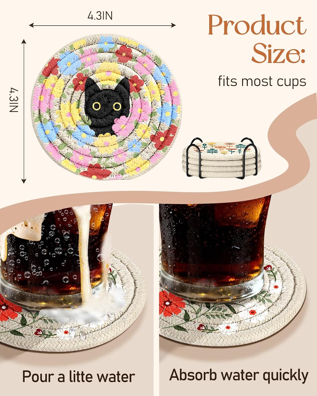 Drink Coasters Set of 4 - Cute Absorbent Cup Coasters for Drinks Coffee Table Office Home Desk Decor Soft Woven Cotton Cloth Braided Fabric Drinking Cup Mat with Holder Flower Cat Bird Plants