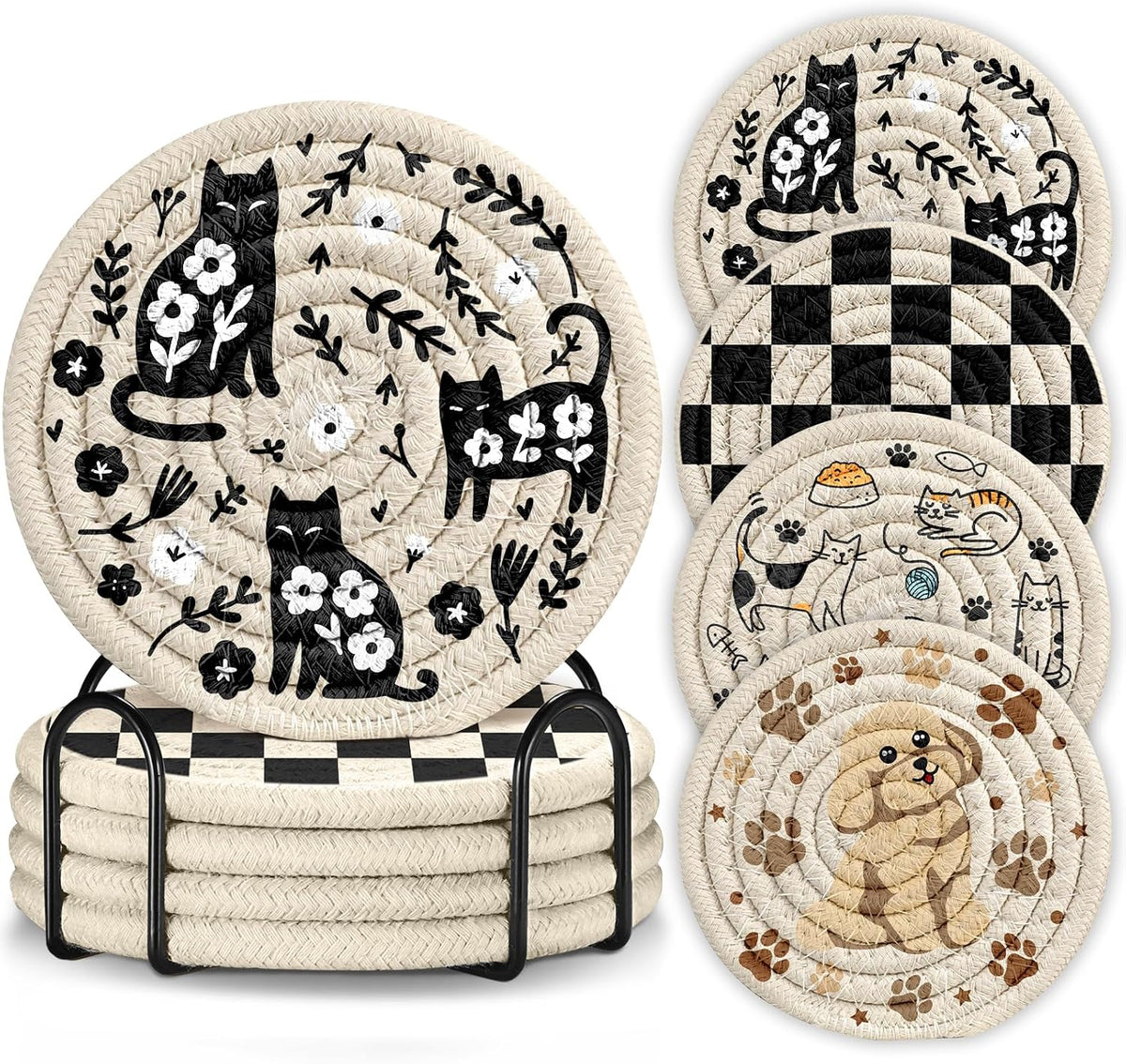 Drink Coasters Set of 4 - Cute Absorbent Cup Coasters for Drinks Coffee Table Office Home Desk Decor Soft Woven Cotton Cloth Braided Fabric Drinking Cup Mat with Holder Flower Cat Bird Plants