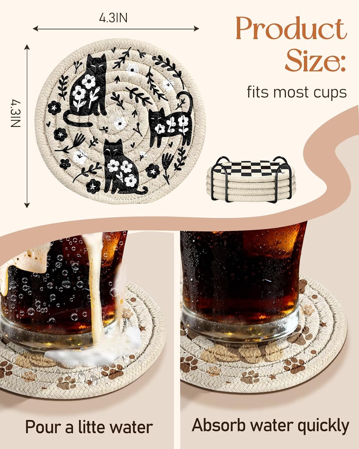 Drink Coasters Set of 4 - Cute Absorbent Cup Coasters for Drinks Coffee Table Office Home Desk Decor Soft Woven Cotton Cloth Braided Fabric Drinking Cup Mat with Holder Flower Cat Bird Plants