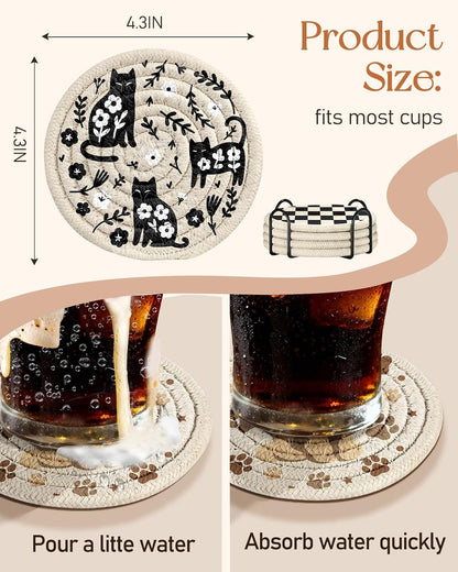 Drink Coasters Set of 4 - Cute Absorbent Cup Coasters for Drinks Coffee Table Office Home Desk Decor Soft Woven Cotton Cloth Braided Fabric Drinking Cup Mat with Holder Flower Cat Bird Plants