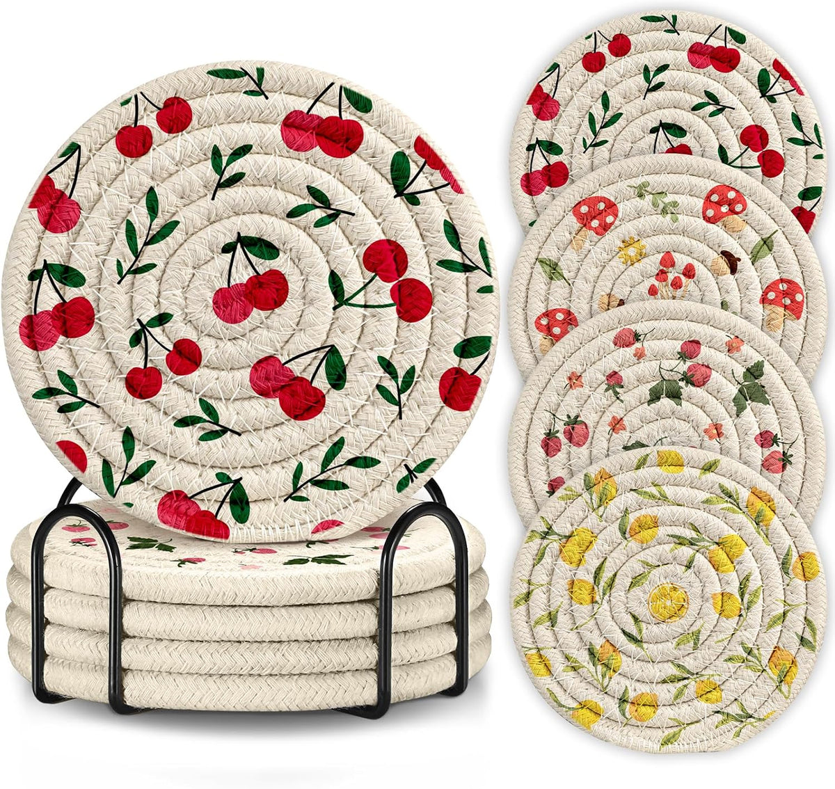 Drink Coasters Set of 4 - Cute Absorbent Cup Coasters for Drinks Coffee Table Office Home Desk Decor Soft Woven Cotton Cloth Braided Fabric Drinking Cup Mat with Holder Flower Cat Bird Plants