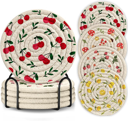 Drink Coasters Set of 4 - Cute Absorbent Cup Coasters for Drinks Coffee Table Office Home Desk Decor Soft Woven Cotton Cloth Braided Fabric Drinking Cup Mat with Holder Flower Cat Bird Plants