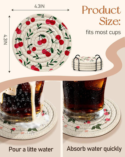 Drink Coasters Set of 4 - Cute Absorbent Cup Coasters for Drinks Coffee Table Office Home Desk Decor Soft Woven Cotton Cloth Braided Fabric Drinking Cup Mat with Holder Flower Cat Bird Plants