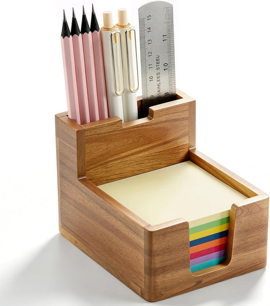 Acacia Wood Sticky Note Holder with Pen Slot, 3x3 Sticky Note Dispenser for Desk, Non-Slip Pads Office Storage Organizer