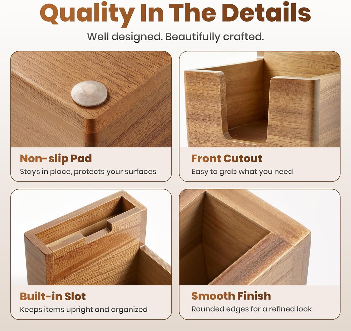 Acacia Wood Sticky Note Holder with Pen Slot, 3x3 Sticky Note Dispenser for Desk, Non-Slip Pads Office Storage Organizer