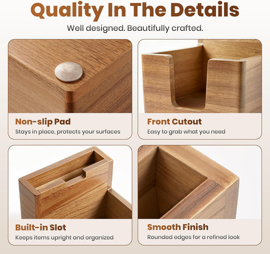 Acacia Wood Sticky Note Holder with Pen Slot, 3x3 Sticky Note Dispenser for Desk, Non-Slip Pads Office Storage Organizer