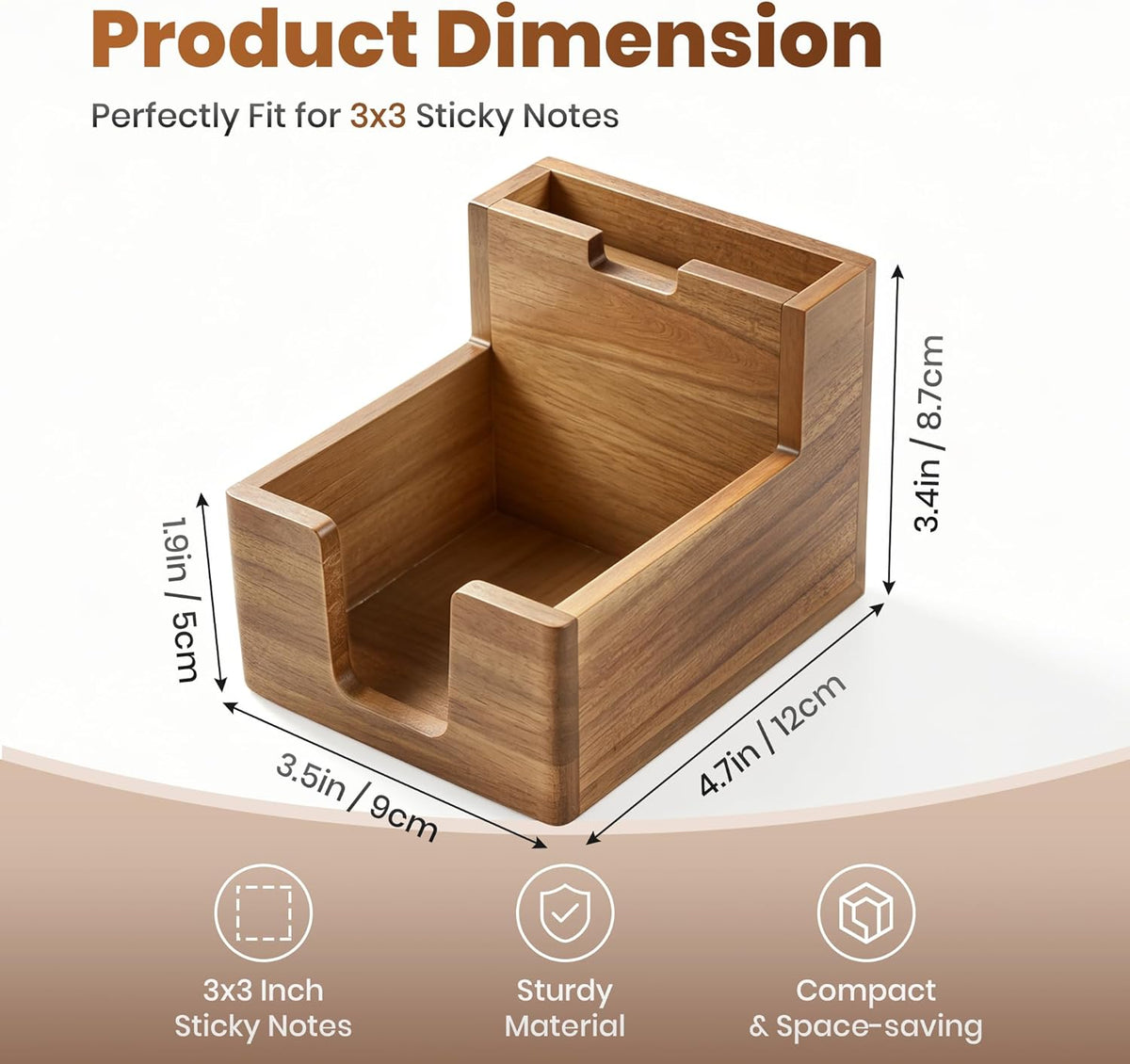 Acacia Wood Sticky Note Holder with Pen Slot, 3x3 Sticky Note Dispenser for Desk, Non-Slip Pads Office Storage Organizer
