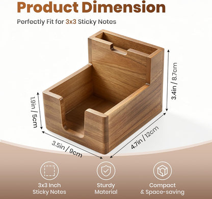 Acacia Wood Sticky Note Holder with Pen Slot, 3x3 Sticky Note Dispenser for Desk, Non-Slip Pads Office Storage Organizer