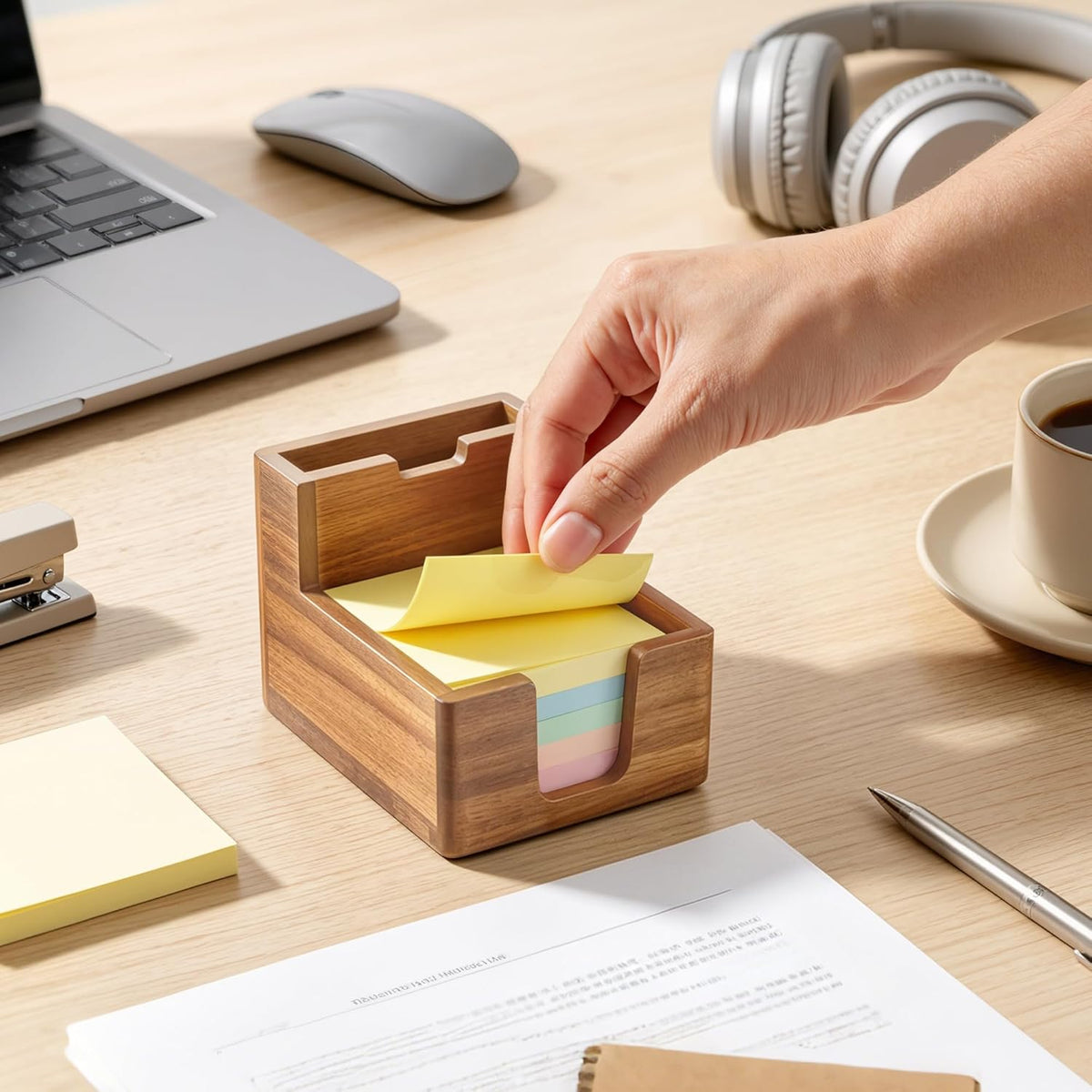 Acacia Wood Sticky Note Holder with Pen Slot, 3x3 Sticky Note Dispenser for Desk, Non-Slip Pads Office Storage Organizer