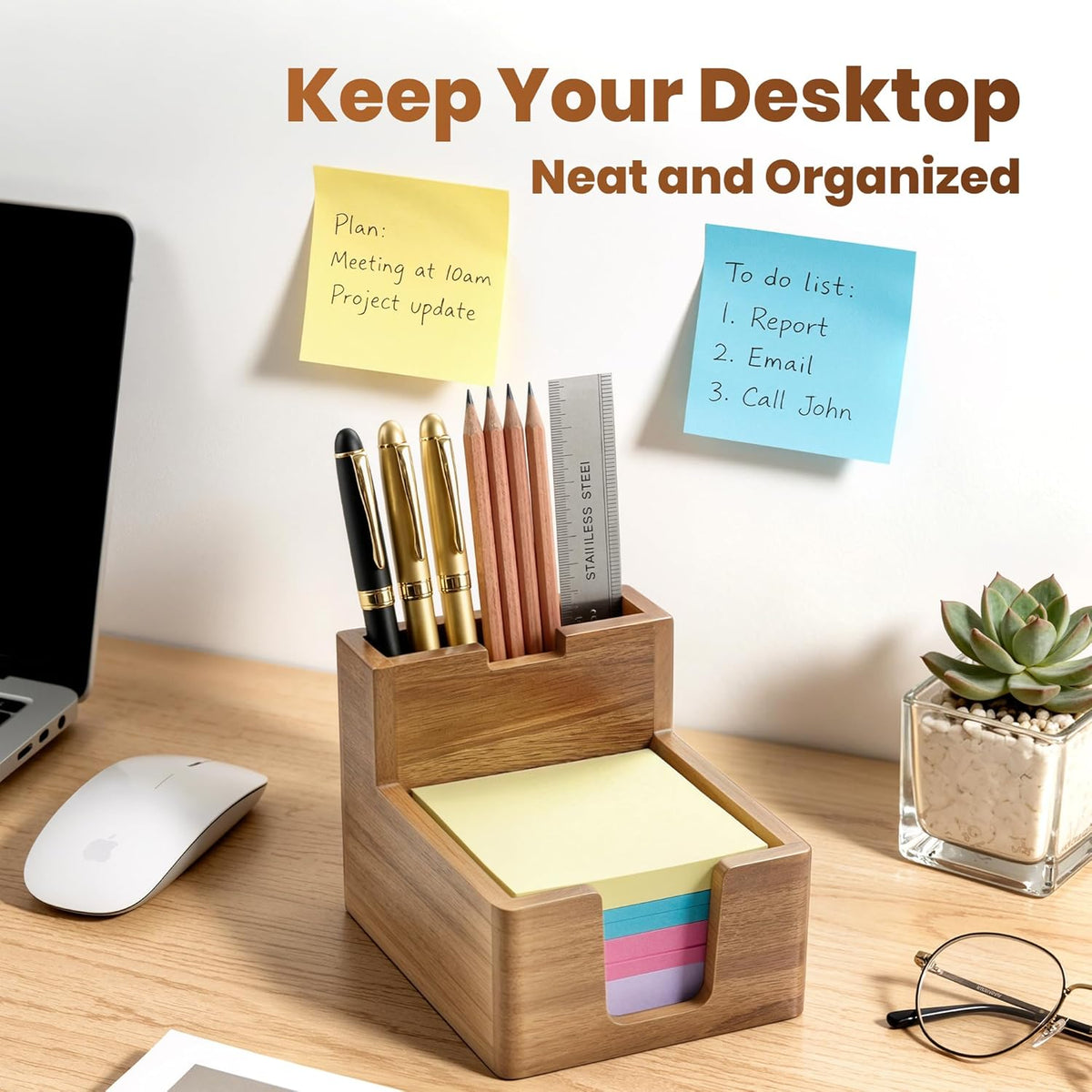 Acacia Wood Sticky Note Holder with Pen Slot, 3x3 Sticky Note Dispenser for Desk, Non-Slip Pads Office Storage Organizer