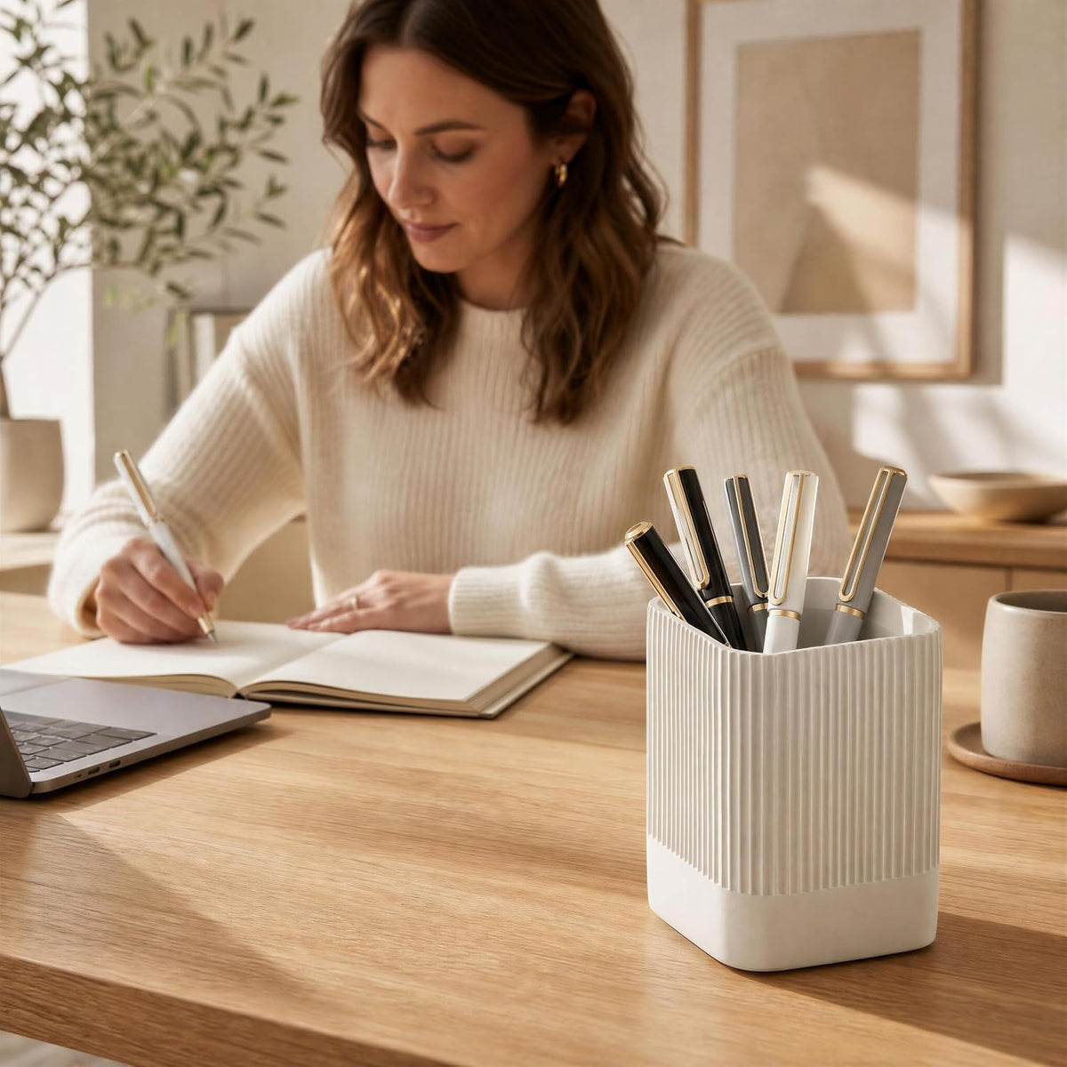 Aesthetic Pen Holder for Desk - Modern Concrete Pencil Holder & Cup