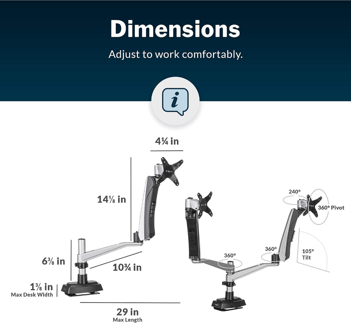 Dual Monitor Arm - VESA Monitor Mount w/ 360 Degree Adjustment - Monitors up to 27 inches, 19.8 lbs - Double Monitor Arms with Full Adjustability - Computer Monitor Stand for Home or Office