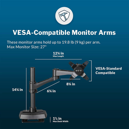 Dual Monitor Arm - VESA Monitor Mount w/ 360 Degree Adjustment - Monitors up to 27 inches, 19.8 lbs - Double Monitor Arms with Full Adjustability - Computer Monitor Stand for Home or Office