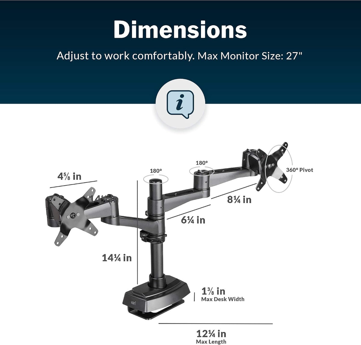 Dual Monitor Arm - VESA Monitor Mount w/ 360 Degree Adjustment - Monitors up to 27 inches, 19.8 lbs - Double Monitor Arms with Full Adjustability - Computer Monitor Stand for Home or Office