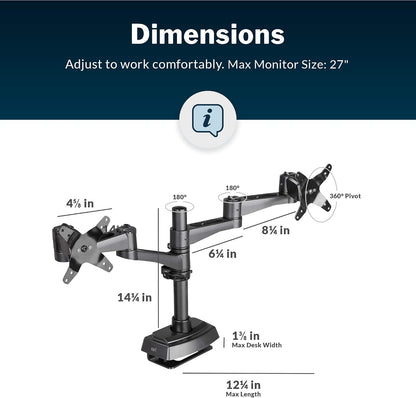 Dual Monitor Arm - VESA Monitor Mount w/ 360 Degree Adjustment - Monitors up to 27 inches, 19.8 lbs - Double Monitor Arms with Full Adjustability - Computer Monitor Stand for Home or Office