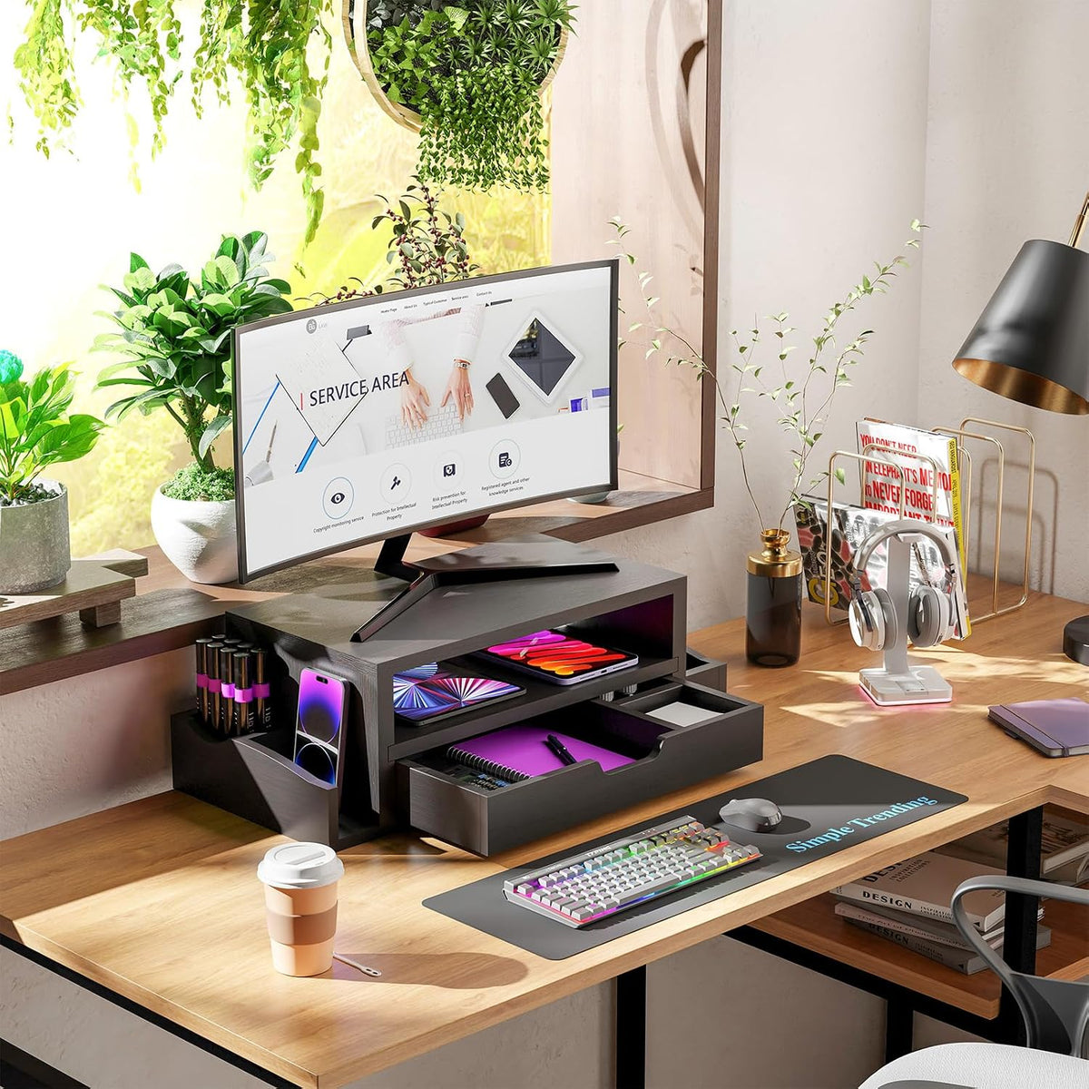 Wood Monitor Stand Riser, Desktop Oraganizer, Black