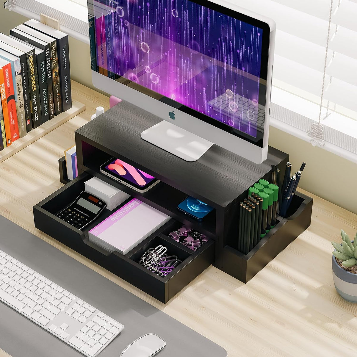 Wood Monitor Stand Riser, Desktop Oraganizer, Black
