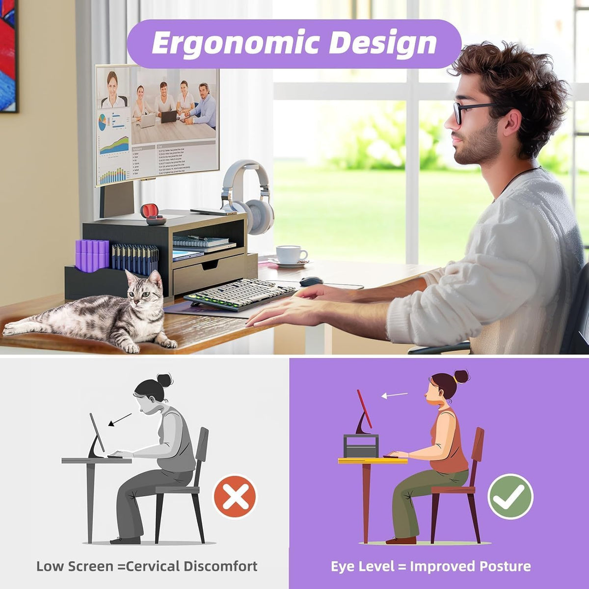 Wood Monitor Stand Riser, Desktop Oraganizer, Black