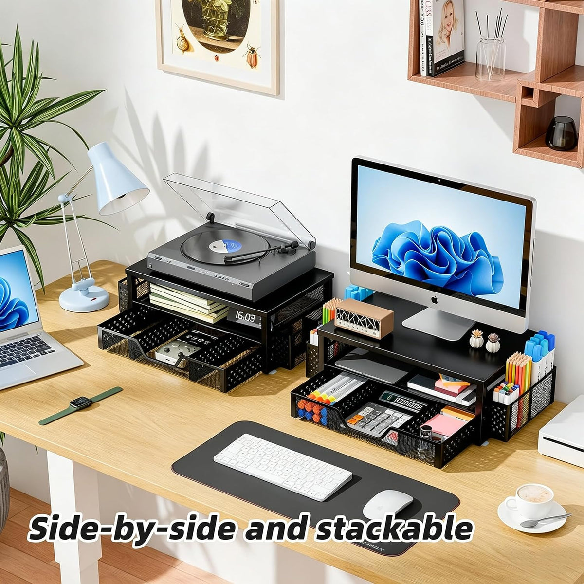 Wood Monitor Stand Riser, Desktop Oraganizer, Black